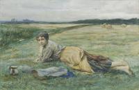 [Jonge boerin rustend in weidelandschap]