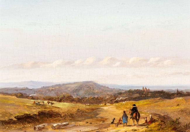 [Panoramisch landschap met boeren en jagers en stad in de verte]