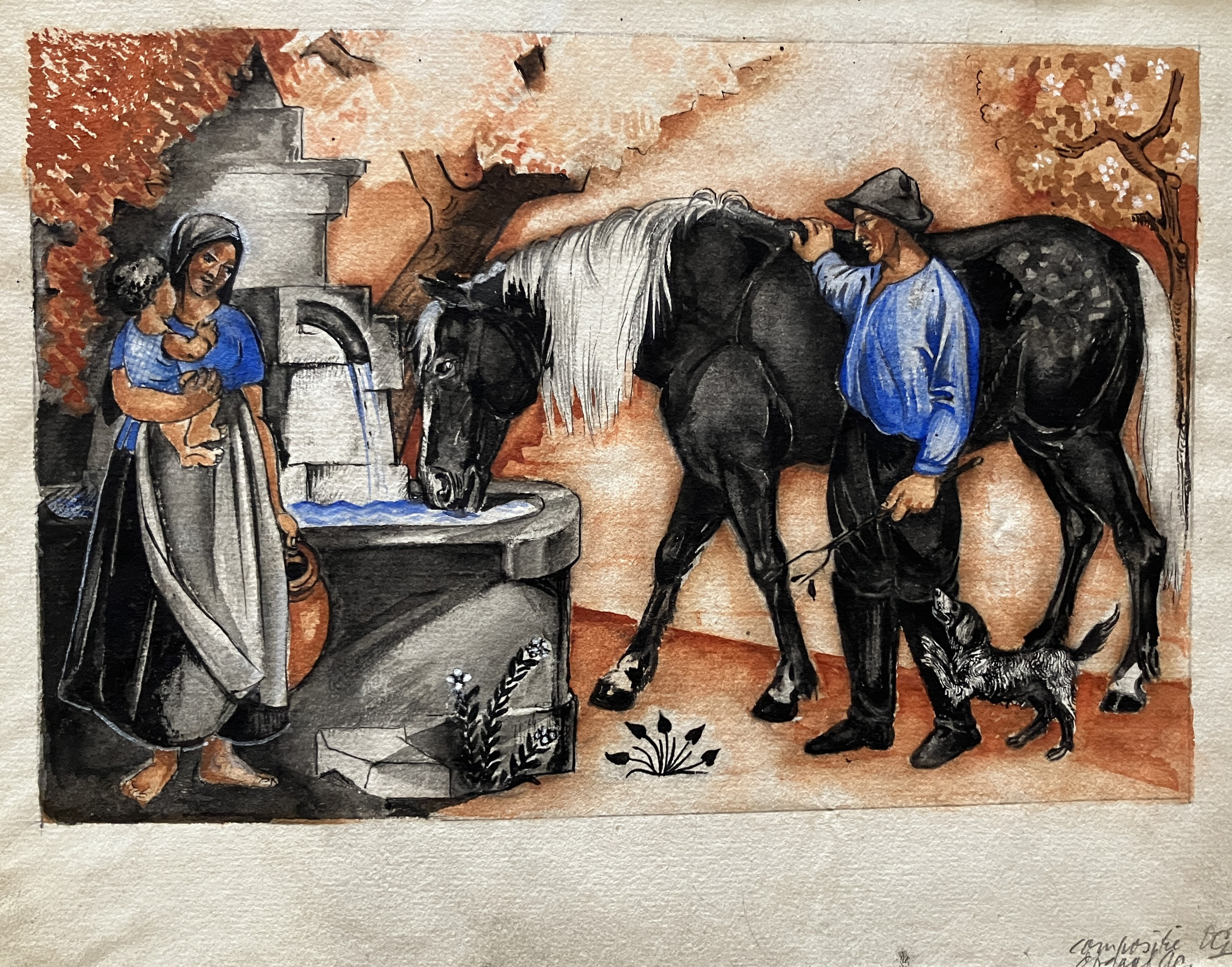 Schilderkunst Boerenfamilie bij waterput