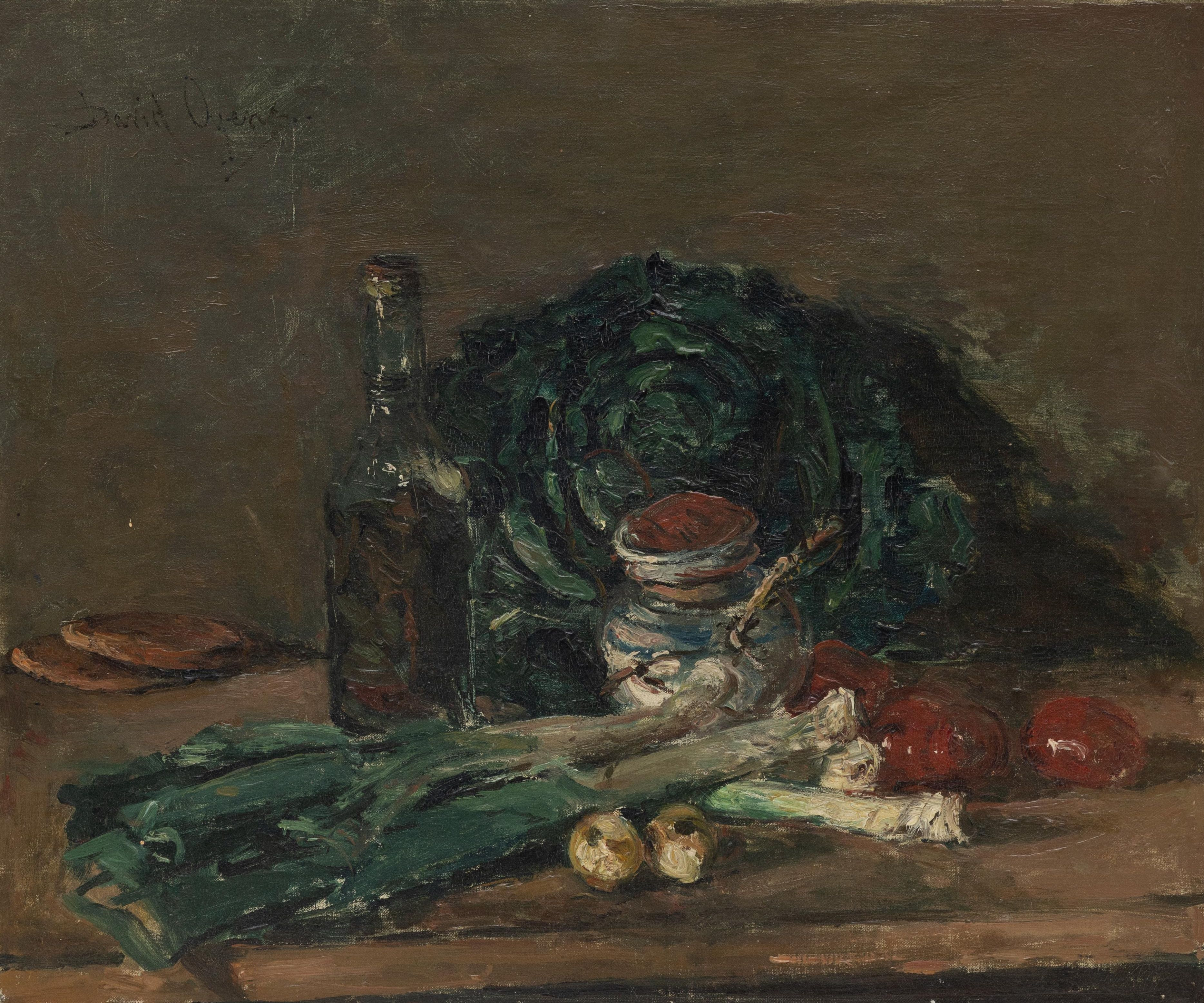 Schilderkunst Stilleven met prei en fles