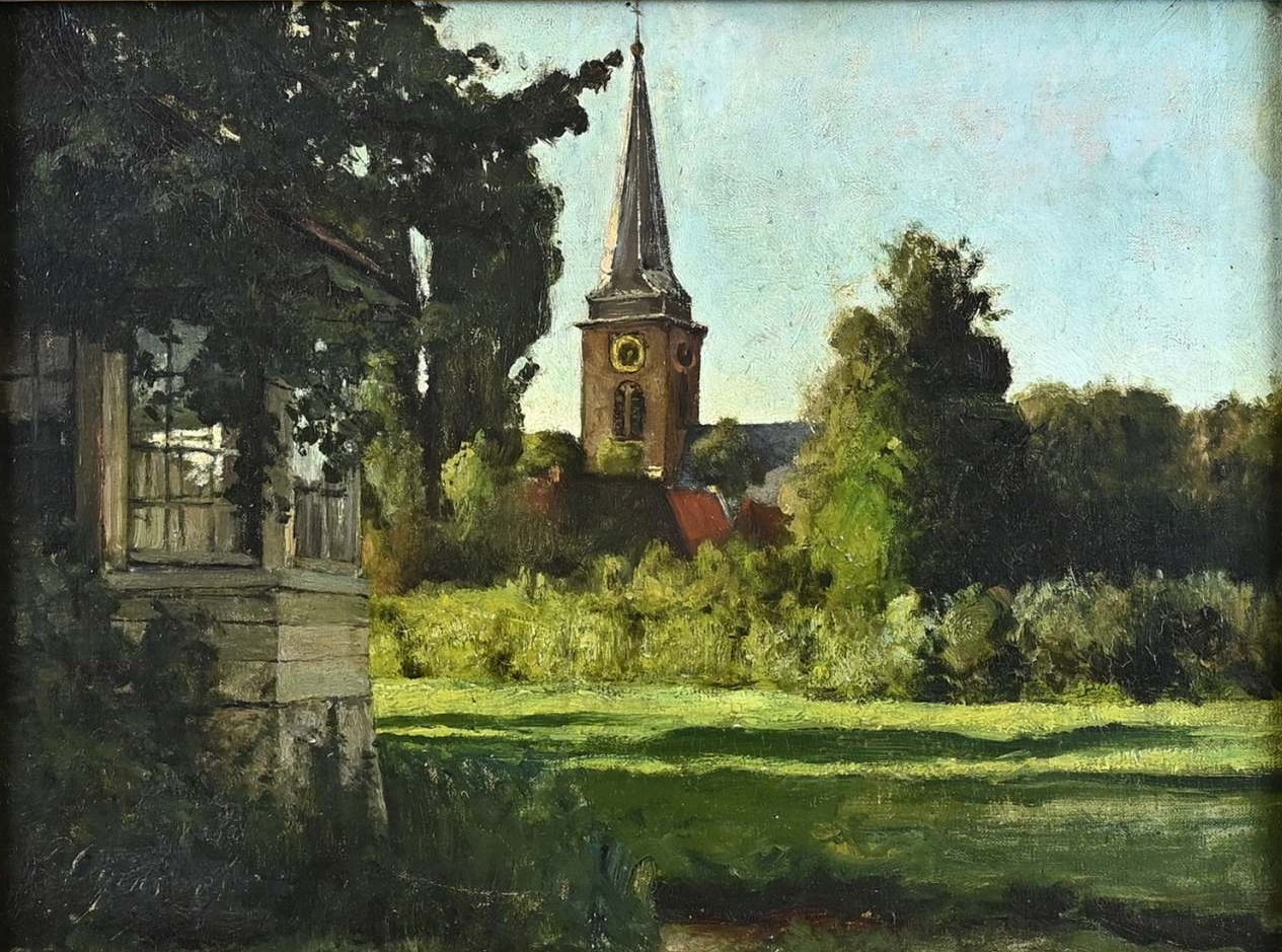 Schilderkunst Theekoepel met uitzicht op de kerk van Breukelen aan de Vecht