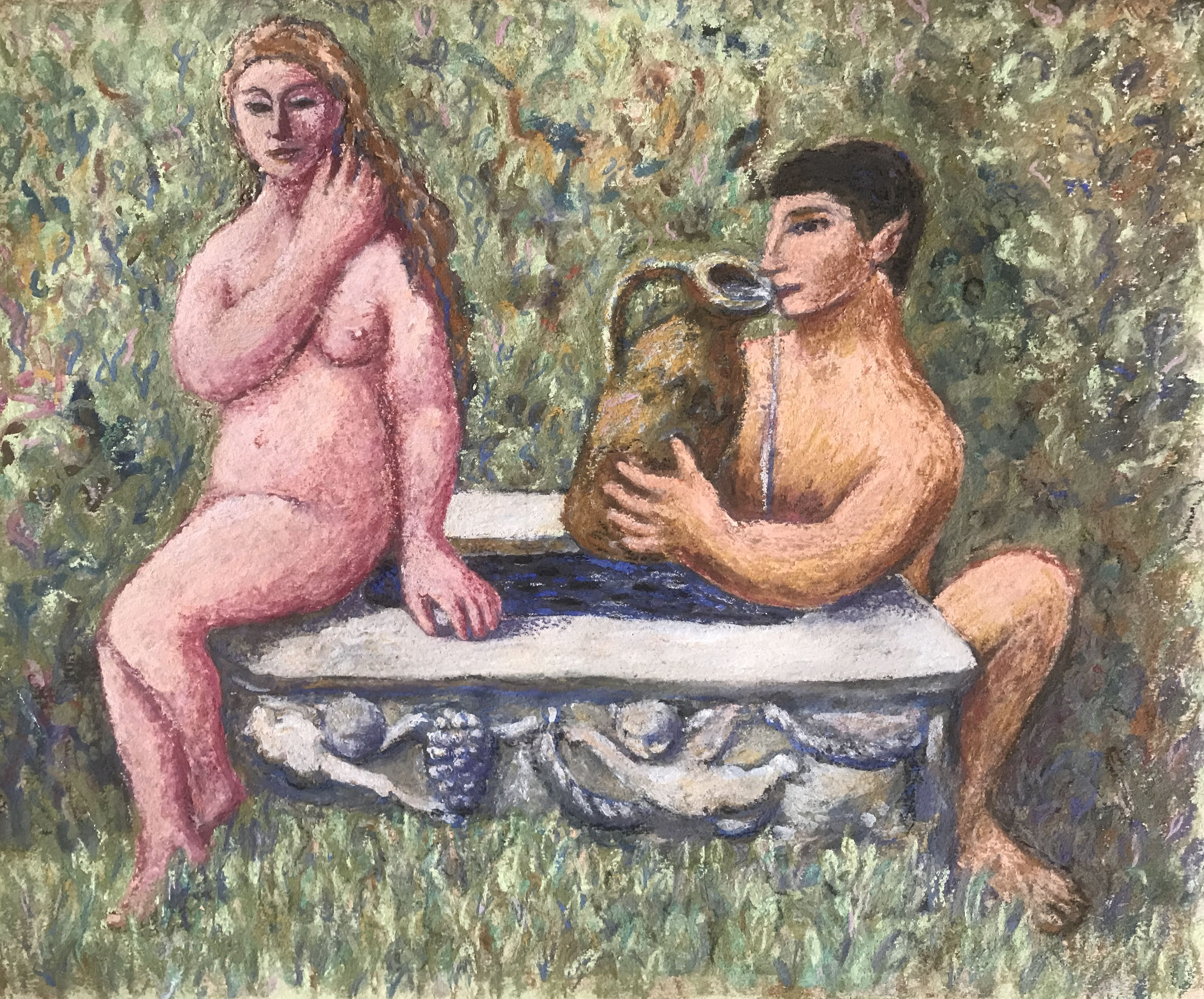 Schilderkunst Faun en nimf bij waterbron